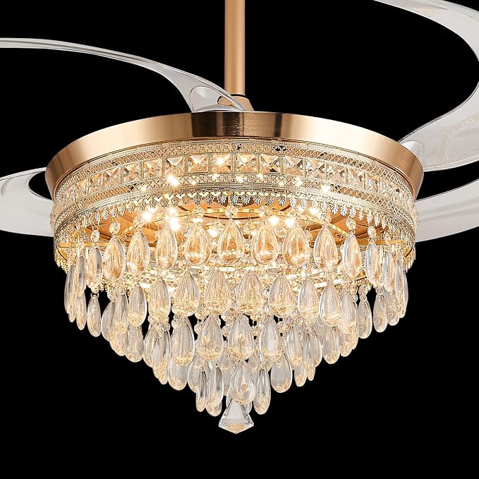 48" Chandelier Ceiling Fan - Crystal Ceiling Fans with Lights, Retractable Fandelier with Remote and App Control, 3 Color