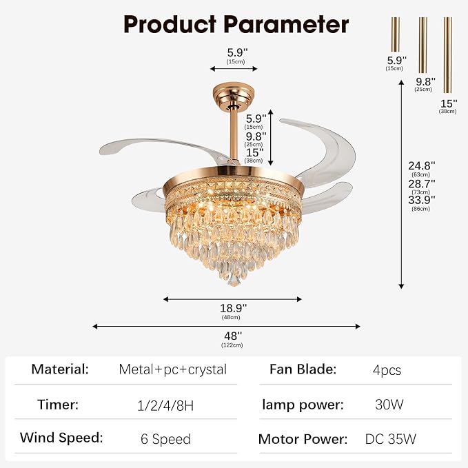 48" Chandelier Ceiling Fan - Crystal Ceiling Fans with Lights, Retractable Fandelier with Remote and App Control, 3 Color