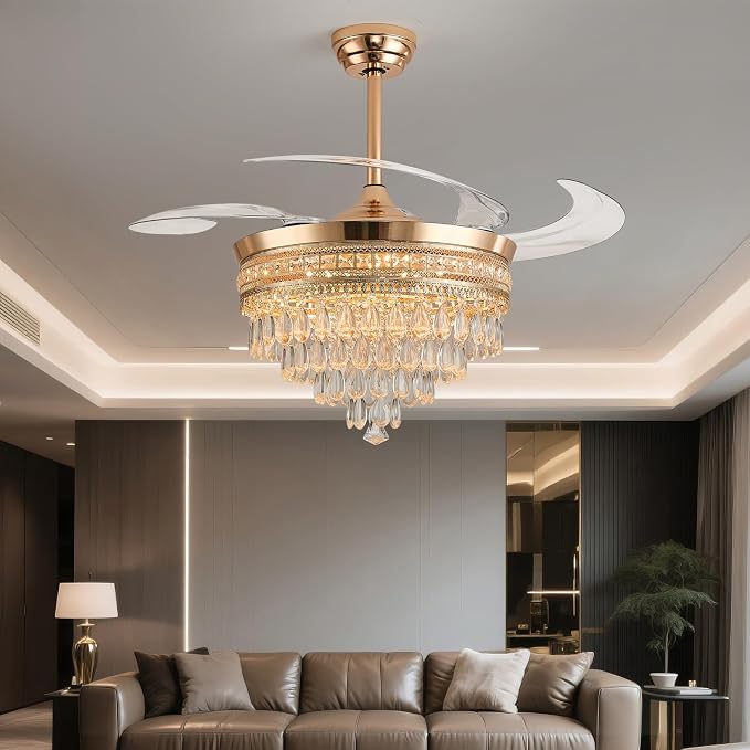 48" Chandelier Ceiling Fan - Crystal Ceiling Fans with Lights, Retractable Fandelier with Remote and App Control, 3 Color