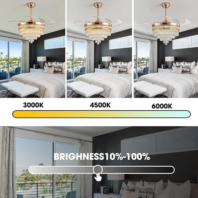 48" Chandelier Ceiling Fan - Crystal Ceiling Fans with Lights, Retractable Fandelier with Remote and App Control, 3 Color