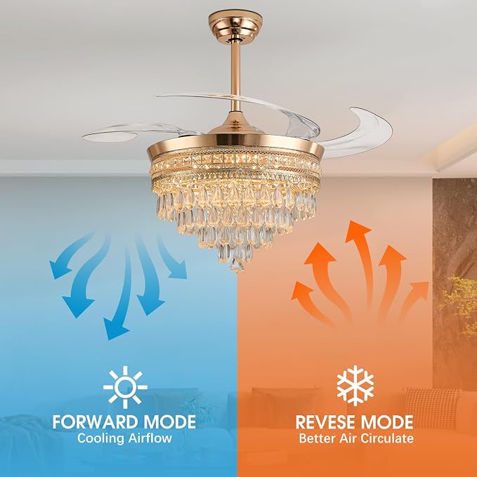 48" Chandelier Ceiling Fan - Crystal Ceiling Fans with Lights, Retractable Fandelier with Remote and App Control, 3 Color