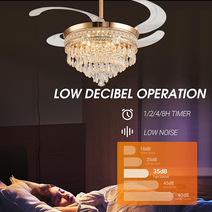 48" Chandelier Ceiling Fan - Crystal Ceiling Fans with Lights, Retractable Fandelier with Remote and App Control, 3 Color