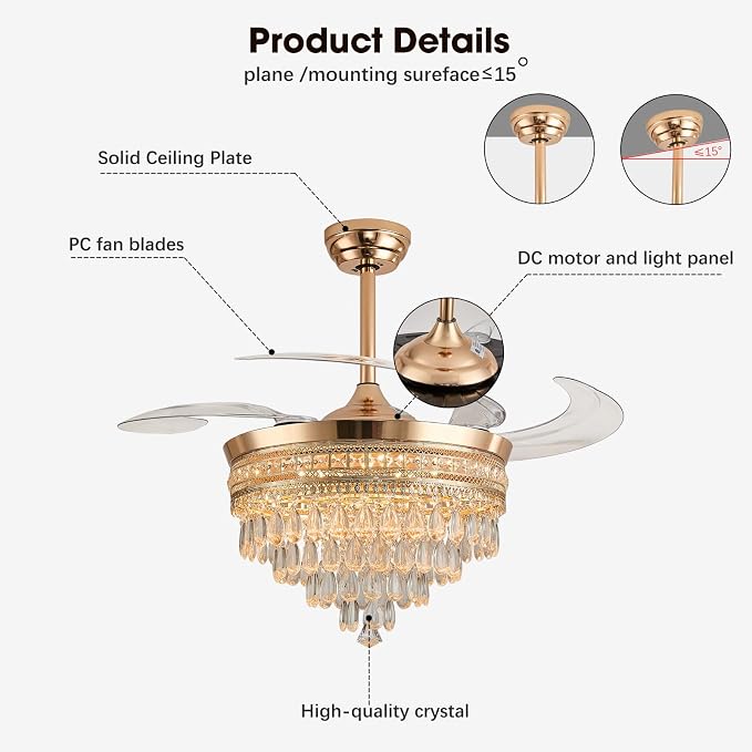 48" Chandelier Ceiling Fan - Crystal Ceiling Fans with Lights, Retractable Fandelier with Remote and App Control, 3 Color
