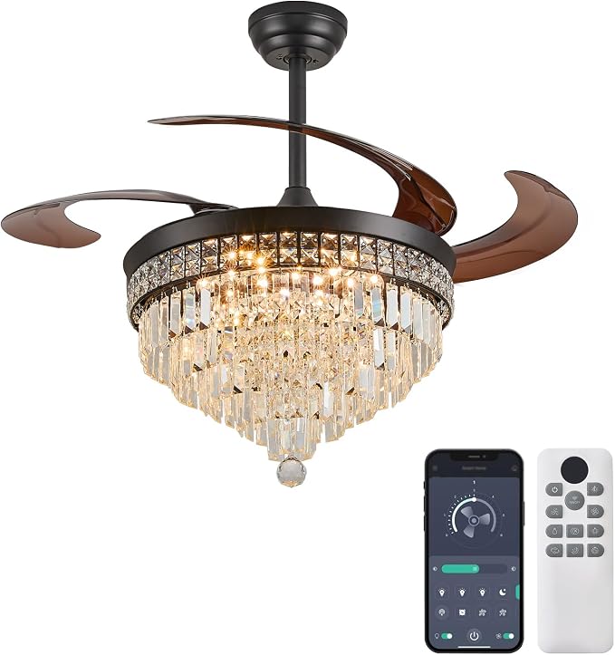 48" Chandelier Ceiling Fan with Light - Crystal Fandelier, Retractable Ceiling Fan with Remote and App Control, 3 Color