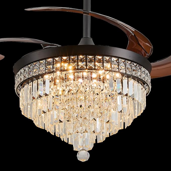 48" Chandelier Ceiling Fan with Light - Crystal Fandelier, Retractable Ceiling Fan with Remote and App Control, 3 Color