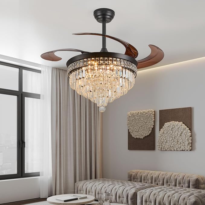 48" Chandelier Ceiling Fan with Light - Crystal Fandelier, Retractable Ceiling Fan with Remote and App Control, 3 Color