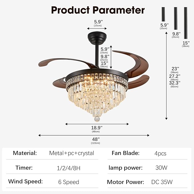 48" Chandelier Ceiling Fan with Light - Crystal Fandelier, Retractable Ceiling Fan with Remote and App Control, 3 Color