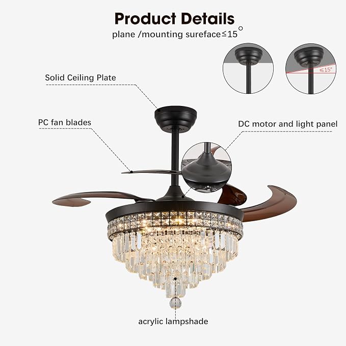 48" Chandelier Ceiling Fan with Light - Crystal Fandelier, Retractable Ceiling Fan with Remote and App Control, 3 Color