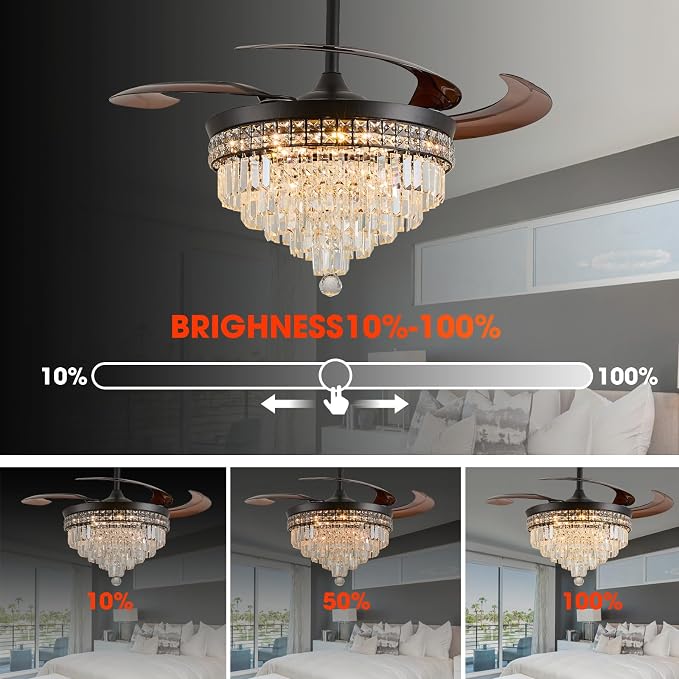 48" Chandelier Ceiling Fan with Light - Crystal Fandelier, Retractable Ceiling Fan with Remote and App Control, 3 Color