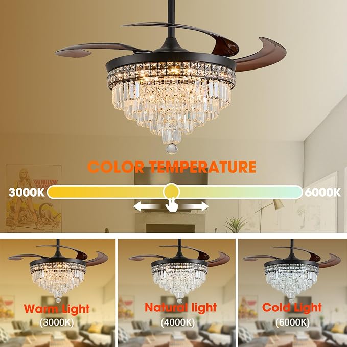 48" Chandelier Ceiling Fan with Light - Crystal Fandelier, Retractable Ceiling Fan with Remote and App Control, 3 Color