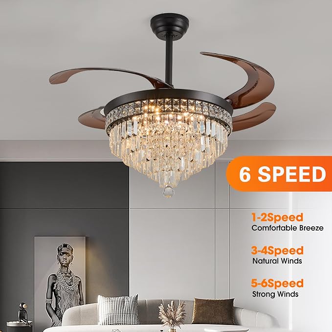 48" Chandelier Ceiling Fan with Light - Crystal Fandelier, Retractable Ceiling Fan with Remote and App Control, 3 Color