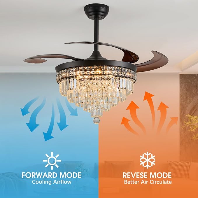 48" Chandelier Ceiling Fan with Light - Crystal Fandelier, Retractable Ceiling Fan with Remote and App Control, 3 Color