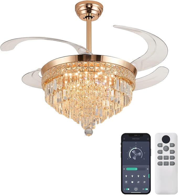 48" Chandelier Ceiling Fan with Light - Crystal Fandelier, Retractable Ceiling Fan with Remote and App Control, 3 Color