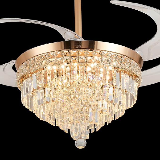 48" Chandelier Ceiling Fan with Light - Crystal Fandelier, Retractable Ceiling Fan with Remote and App Control, 3 Color