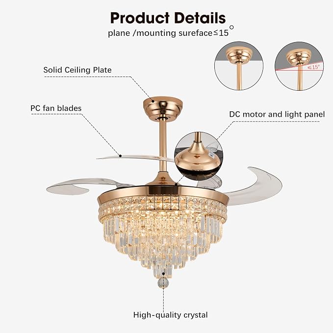 48" Chandelier Ceiling Fan with Light - Crystal Fandelier, Retractable Ceiling Fan with Remote and App Control, 3 Color
