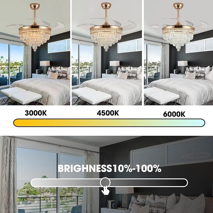 48" Chandelier Ceiling Fan with Light - Crystal Fandelier, Retractable Ceiling Fan with Remote and App Control, 3 Color