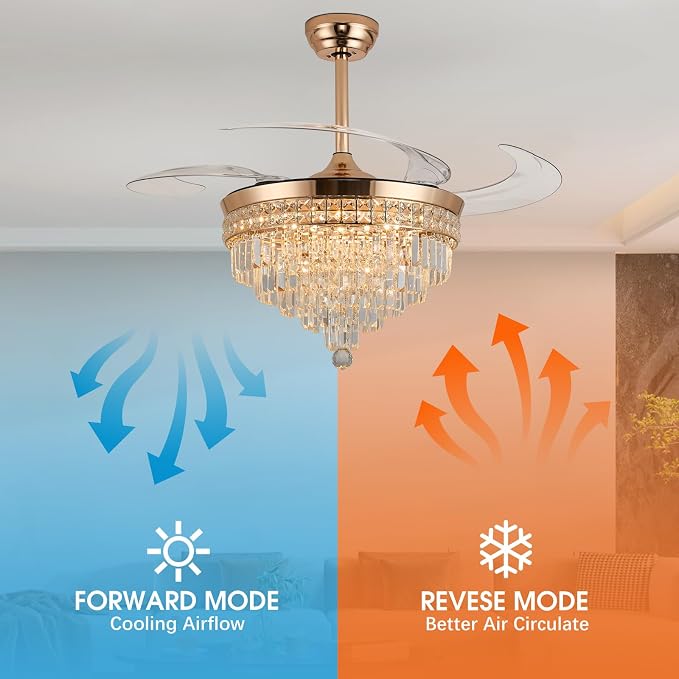 48" Chandelier Ceiling Fan with Light - Crystal Fandelier, Retractable Ceiling Fan with Remote and App Control, 3 Color