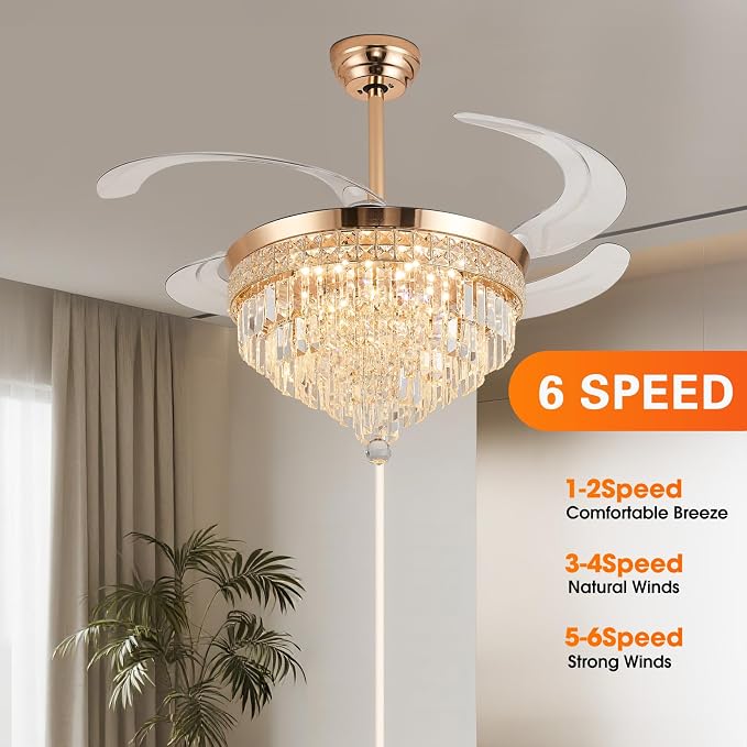 48" Chandelier Ceiling Fan with Light - Crystal Fandelier, Retractable Ceiling Fan with Remote and App Control, 3 Color