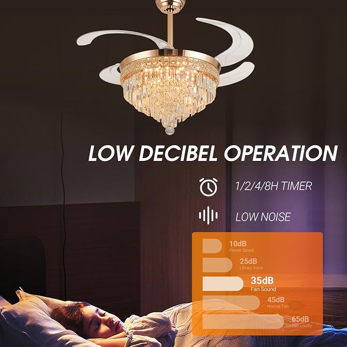 48" Chandelier Ceiling Fan with Light - Crystal Fandelier, Retractable Ceiling Fan with Remote and App Control, 3 Color