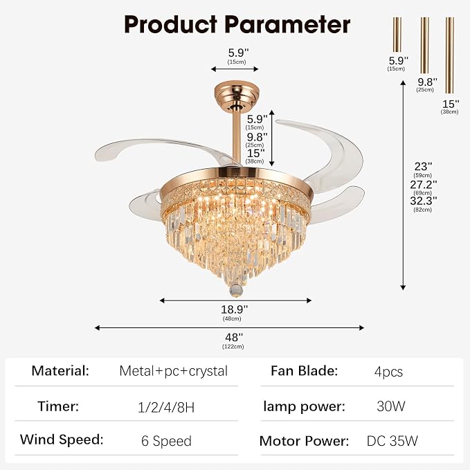 48" Chandelier Ceiling Fan with Light - Crystal Fandelier, Retractable Ceiling Fan with Remote and App Control, 3 Color