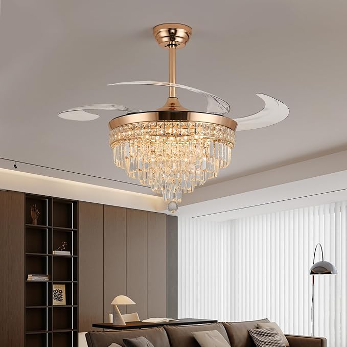 48" Chandelier Ceiling Fan with Light - Crystal Fandelier, Retractable Ceiling Fan with Remote and App Control, 3 Color