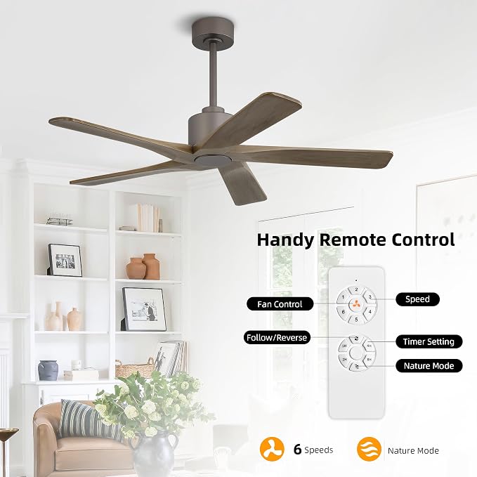 48" DC Ceiling Fan No Light - 5 Carved Solid Wood Blades, 6-Speed Reversible DC Motor, Ceiling Fan without Lights for Living