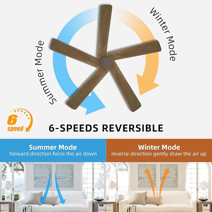 48" DC Ceiling Fan No Light - 5 Carved Solid Wood Blades, 6-Speed Reversible DC Motor, Ceiling Fan without Lights for Living