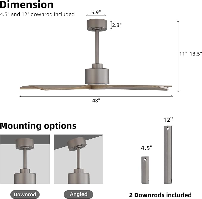 48" DC Ceiling Fan No Light - 5 Carved Solid Wood Blades, 6-Speed Reversible DC Motor, Ceiling Fan without Lights for Living