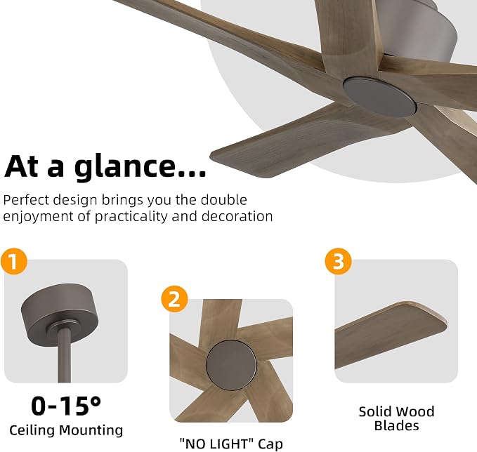 48" DC Ceiling Fan No Light - 5 Carved Solid Wood Blades, 6-Speed Reversible DC Motor, Ceiling Fan without Lights for Living