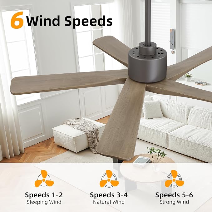 48" DC Ceiling Fan No Light - 5 Carved Solid Wood Blades, 6-Speed Reversible DC Motor, Ceiling Fan without Lights for Living