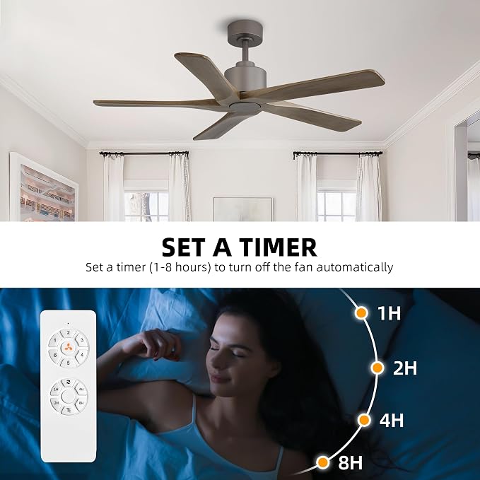 48" DC Ceiling Fan No Light - 5 Carved Solid Wood Blades, 6-Speed Reversible DC Motor, Ceiling Fan without Lights for Living
