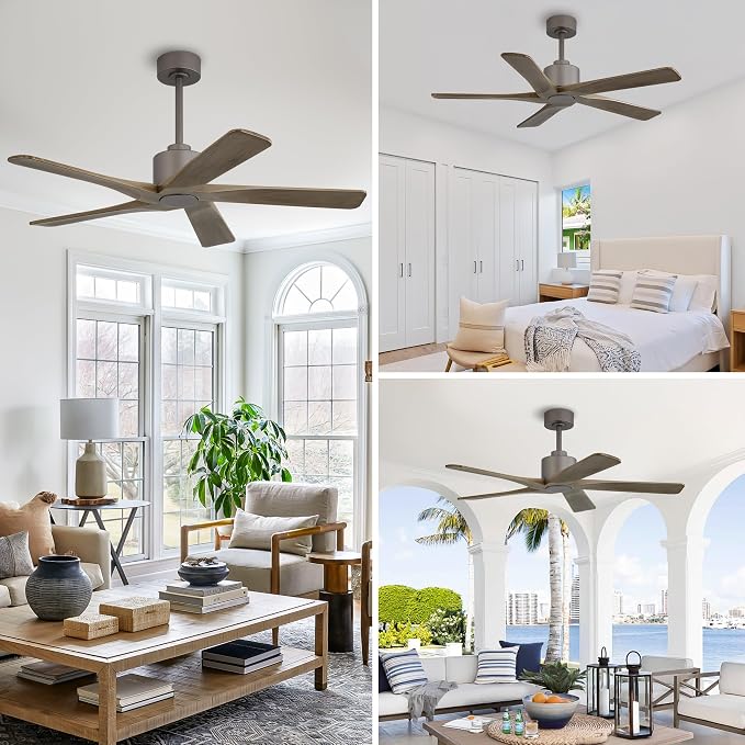 48" DC Ceiling Fan No Light - 5 Carved Solid Wood Blades, 6-Speed Reversible DC Motor, Ceiling Fan without Lights for Living