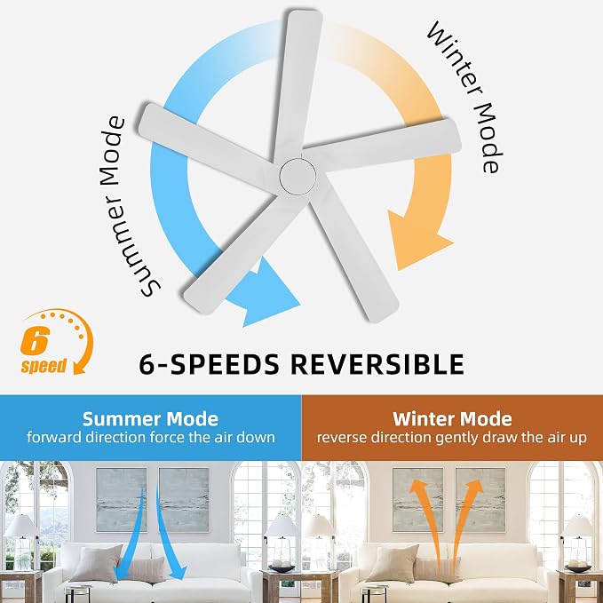 48" DC Ceiling Fan No Light - 5 Carved Solid Wood Blades, 6-Speed Reversible DC Motor, Ceiling Fan without Lights for Living