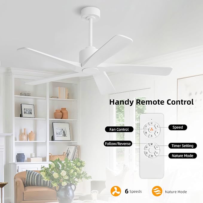 48" DC Ceiling Fan No Light - 5 Carved Solid Wood Blades, 6-Speed Reversible DC Motor, Ceiling Fan without Lights for Living