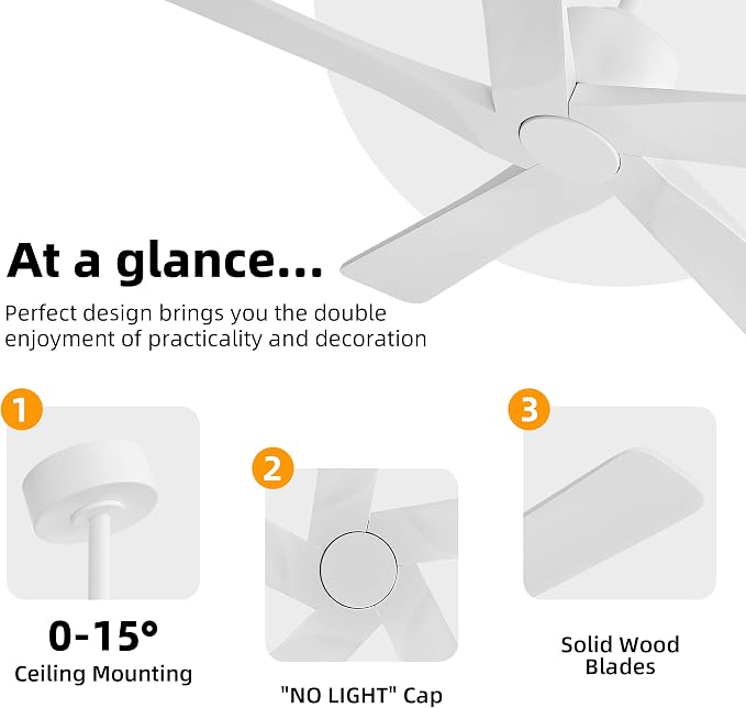 48" DC Ceiling Fan No Light - 5 Carved Solid Wood Blades, 6-Speed Reversible DC Motor, Ceiling Fan without Lights for Living