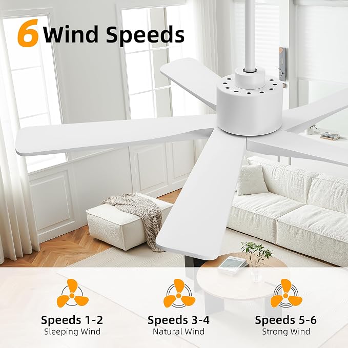 48" DC Ceiling Fan No Light - 5 Carved Solid Wood Blades, 6-Speed Reversible DC Motor, Ceiling Fan without Lights for Living