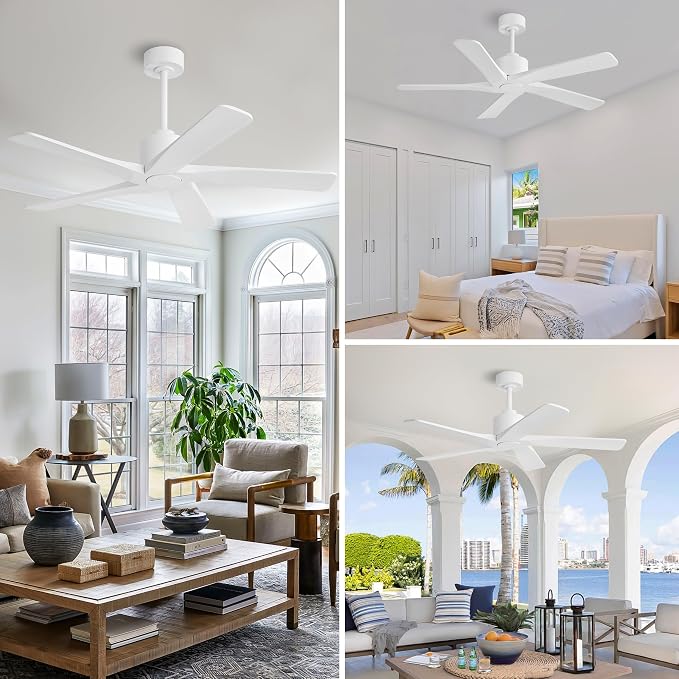 48" DC Ceiling Fan No Light - 5 Carved Solid Wood Blades, 6-Speed Reversible DC Motor, Ceiling Fan without Lights for Living