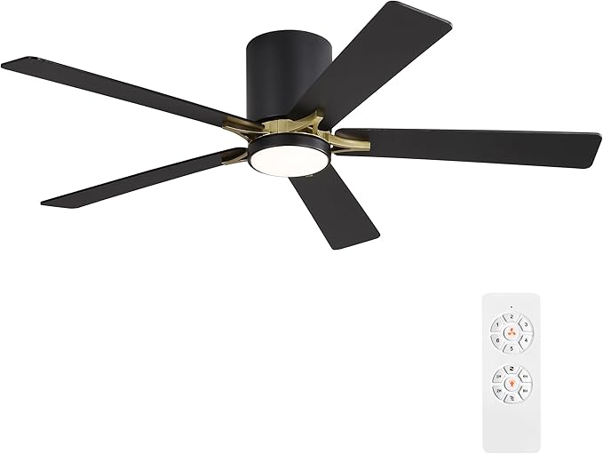 48" DC Flush Mount Ceiling Fan with Lights, 5 Plywood Blades, 6-Speed Reversible DC Motor, 3CCT, Low Profile Hugger Ceiling