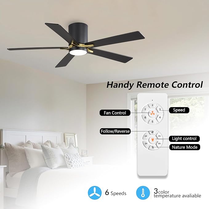 48" DC Flush Mount Ceiling Fan with Lights, 5 Plywood Blades, 6-Speed Reversible DC Motor, 3CCT, Low Profile Hugger Ceiling