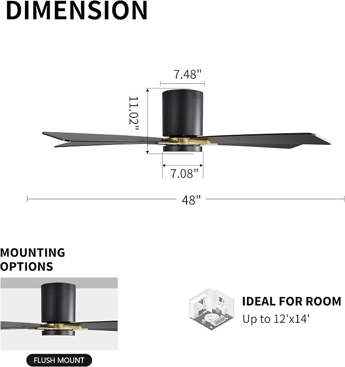 48" DC Flush Mount Ceiling Fan with Lights, 5 Plywood Blades, 6-Speed Reversible DC Motor, 3CCT, Low Profile Hugger Ceiling