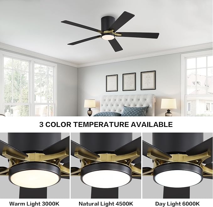 48" DC Flush Mount Ceiling Fan with Lights, 5 Plywood Blades, 6-Speed Reversible DC Motor, 3CCT, Low Profile Hugger Ceiling