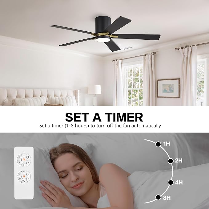 48" DC Flush Mount Ceiling Fan with Lights, 5 Plywood Blades, 6-Speed Reversible DC Motor, 3CCT, Low Profile Hugger Ceiling