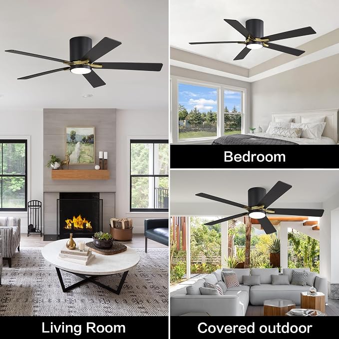 48" DC Flush Mount Ceiling Fan with Lights, 5 Plywood Blades, 6-Speed Reversible DC Motor, 3CCT, Low Profile Hugger Ceiling