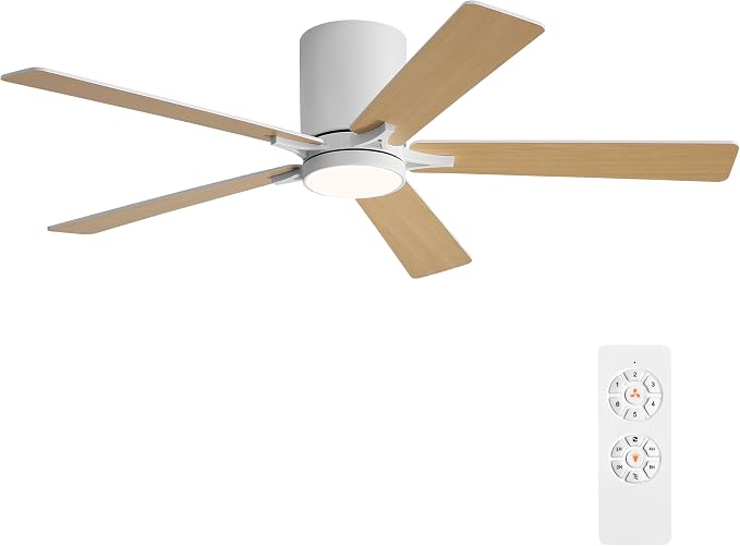48" DC Flush Mount Ceiling Fan with Lights, 6-Speed Reversible DC Motor, 3CCT, Low Profile Hugger Ceiling Fan for Living Room
