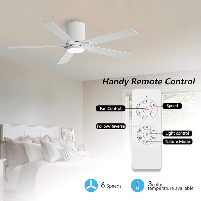 48" DC Flush Mount Ceiling Fan with Lights, 6-Speed Reversible DC Motor, 3CCT, Low Profile Hugger Ceiling Fan for Living Room