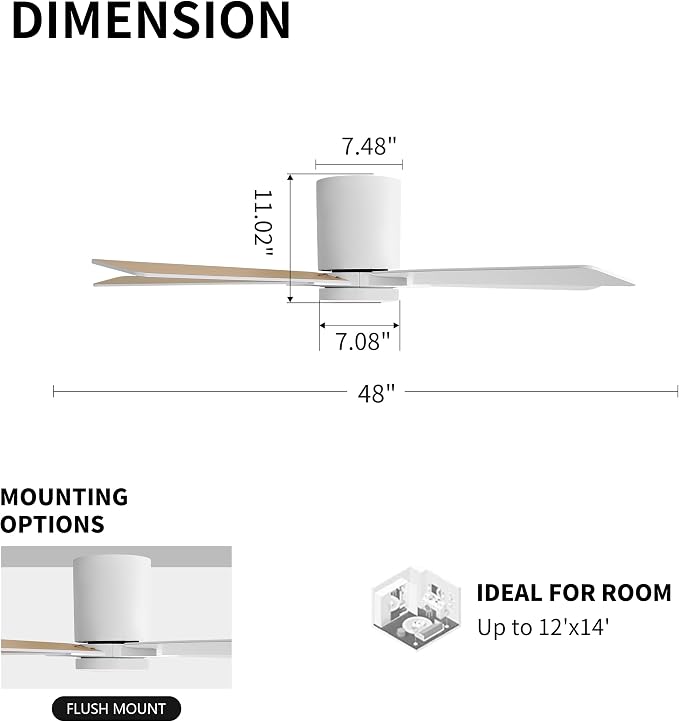 48" DC Flush Mount Ceiling Fan with Lights, 6-Speed Reversible DC Motor, 3CCT, Low Profile Hugger Ceiling Fan for Living Room