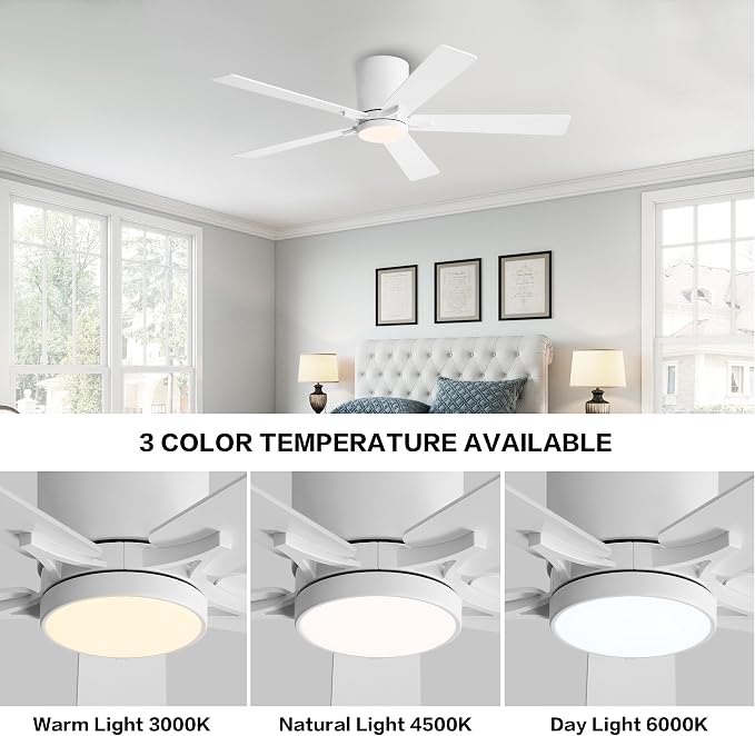 48" DC Flush Mount Ceiling Fan with Lights, 6-Speed Reversible DC Motor, 3CCT, Low Profile Hugger Ceiling Fan for Living Room