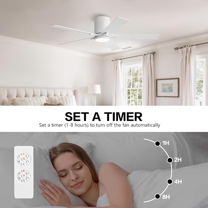 48" DC Flush Mount Ceiling Fan with Lights, 6-Speed Reversible DC Motor, 3CCT, Low Profile Hugger Ceiling Fan for Living Room