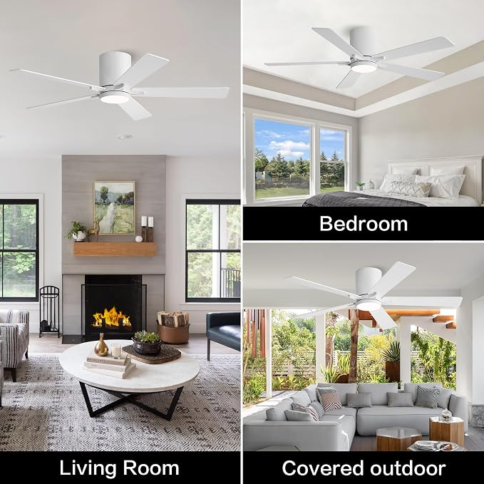 48" DC Flush Mount Ceiling Fan with Lights, 6-Speed Reversible DC Motor, 3CCT, Low Profile Hugger Ceiling Fan for Living Room