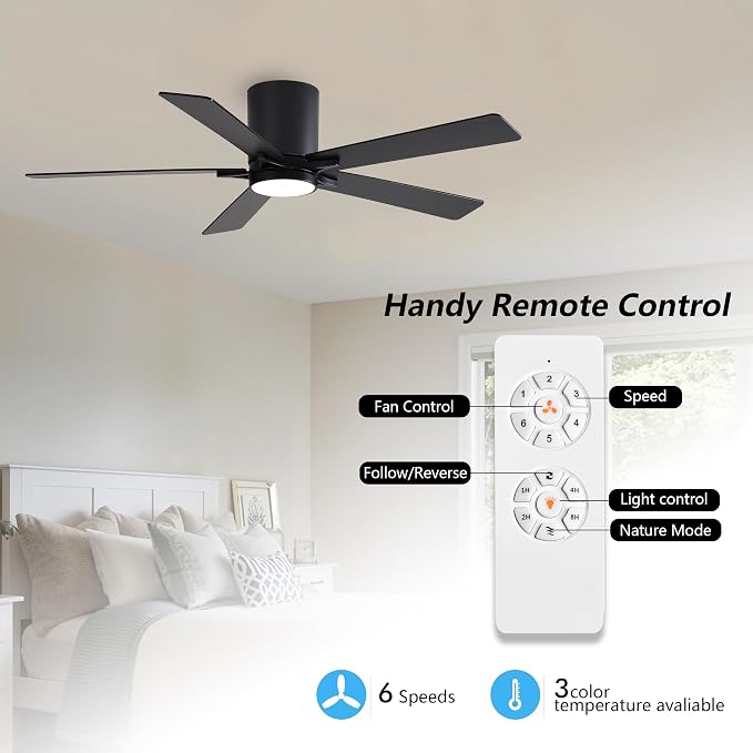 48" DC Flush Mount Ceiling Fan with Lights, 6-Speed Reversible DC Motor, 3CCT, Low Profile Hugger Ceiling Fan for Living Room